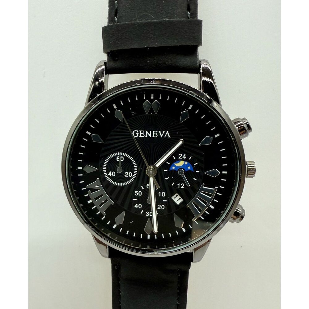 Geneva Black Leather Band Watch With Matching‎ Black Leather Wristband